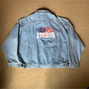 Men’s Y2K Lee Blue Denim Jean Jacket Trucker USA Flag Retro Punk Coat Size 2XL